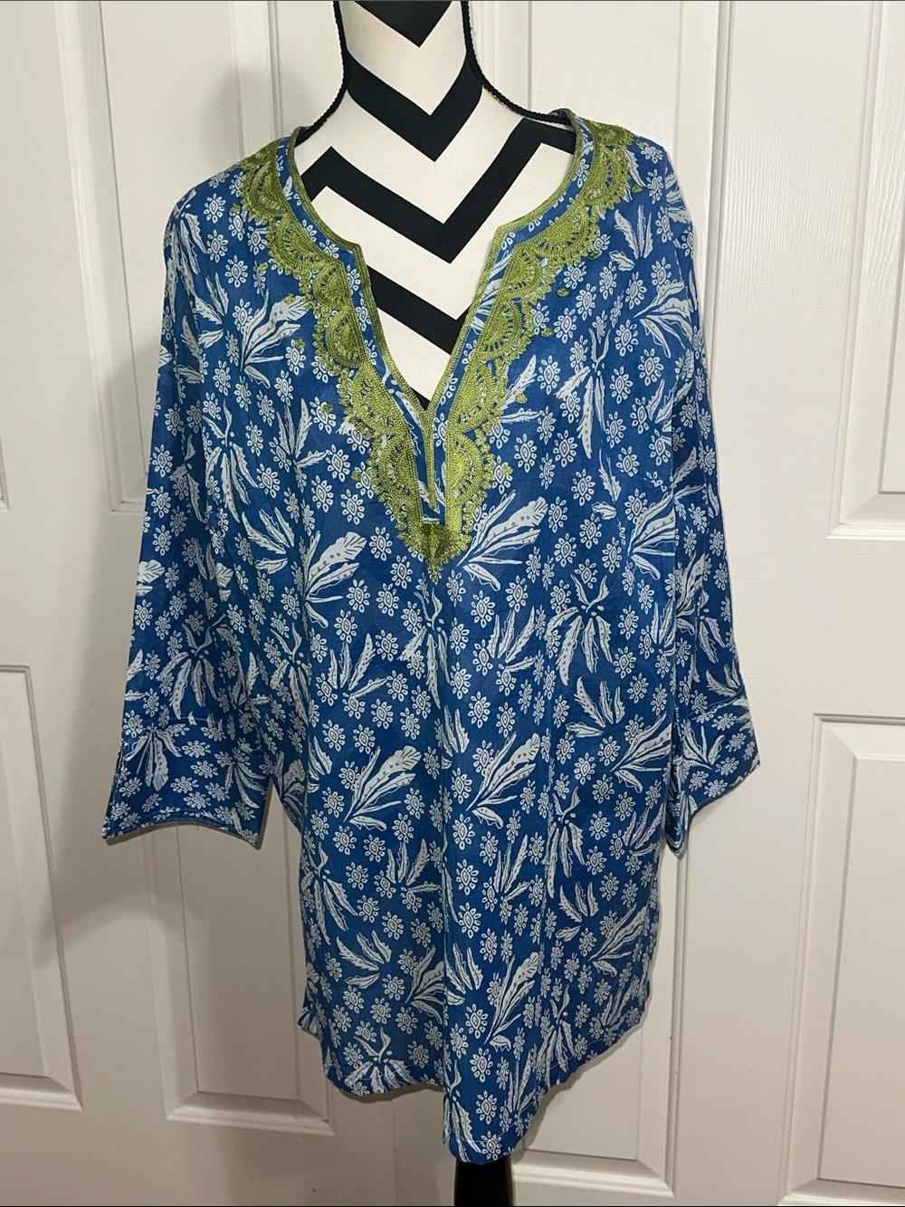 Bluthreads Blue Printed V-Neck Tunic with Green Embroidered Trim